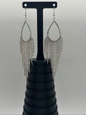 Silver Teardrop Rhinestone Fringe Earrings - Sparkling Women's Drop Earrings